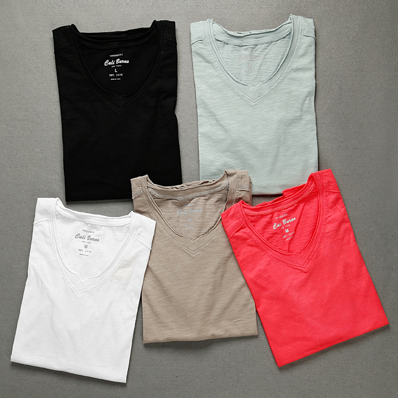 日系纯白色竹节棉V领毛边短袖T恤