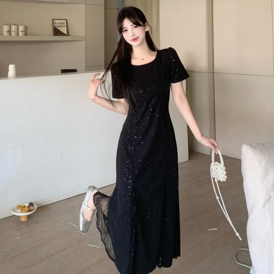 高级感星空亮闪黑色连衣裙女夏季新款时尚拼接蕾丝修身显瘦长裙子