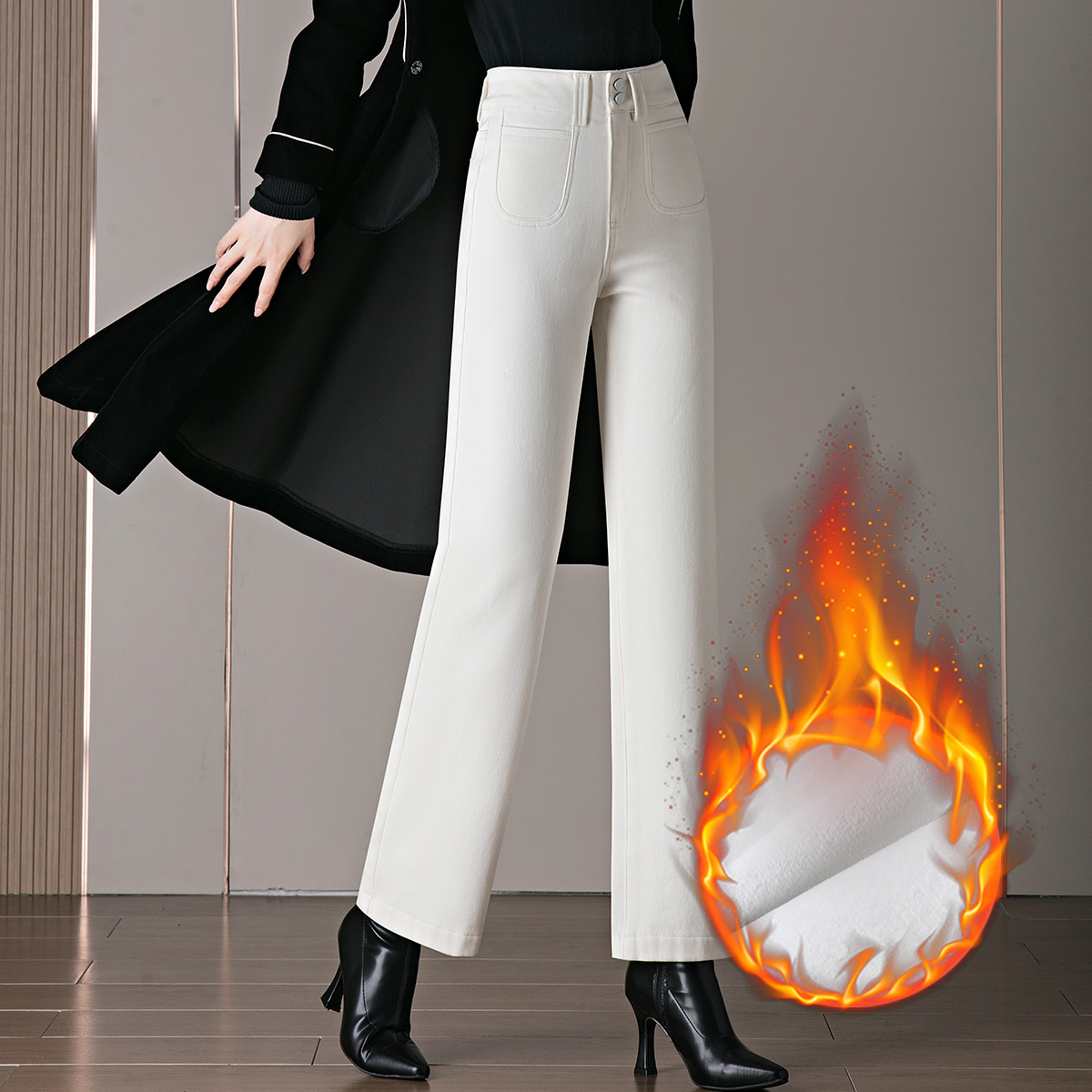 冬季新款女士加绒加厚窄版直筒阔腿长裤纯棉高腰休闲裤白色女裤子