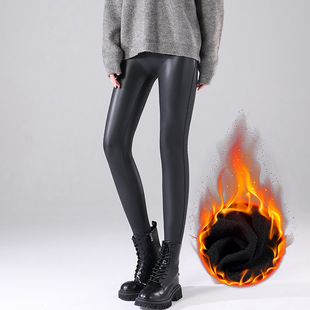 冬季加绒哑光PU皮裤女士高腰弹力紧身显瘦机车裤九分小脚休闲裤子