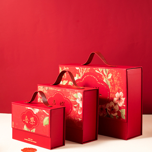 正红色深红色喜乐喜礼欢喜翻盖长方形抽屉盒婚礼手提箱伴手礼盒