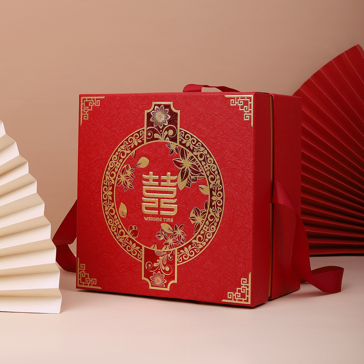 吾家大喜富贵花双喜喜结连理正红色手拎四方喜糖盒婚礼回礼伴手礼