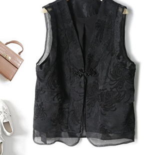 新中式国风马夹刺绣提花V领欧根纱拼接中长款女马甲外套春夏季薄