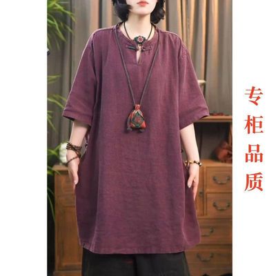 中国风复古刺绣立领棉麻中长衬衫