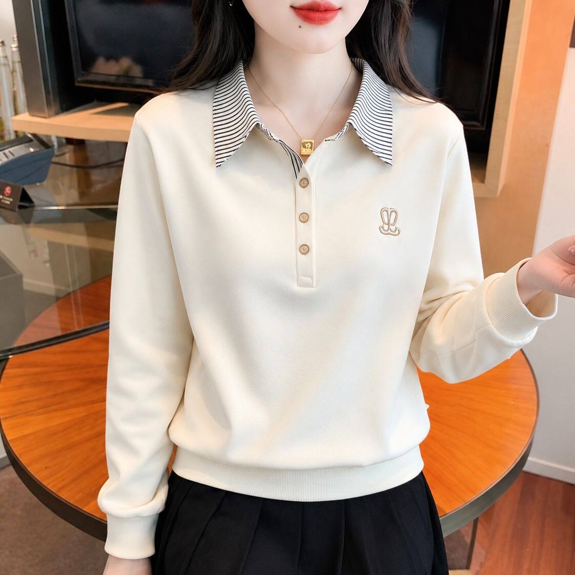 洋气减龄假两件Polo领上衣打底衫2026早秋装宽松长袖T恤薄款卫衣