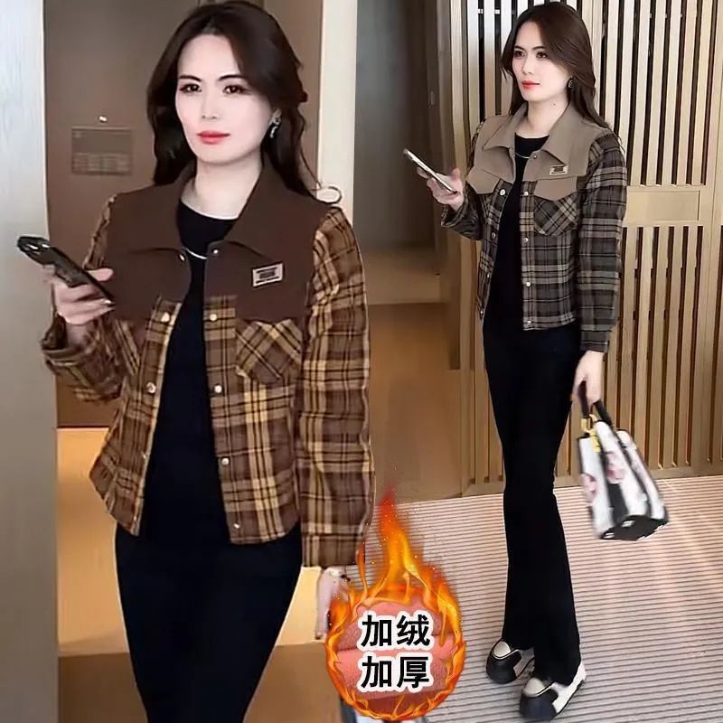 爆款翻领加绒拼色格子短外套2025秋季新款小个子洋气洋气时尚上衣