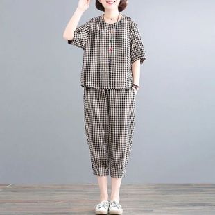 女時(shí)尚 2025夏季 格子套裝 棉麻減齡七分哈倫褲 新款 休閑亞麻兩件套潮
