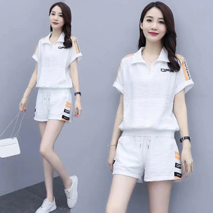 休闲套装女夏装2025新款时尚短袖短裤宽松大码跑步运动服两件套潮