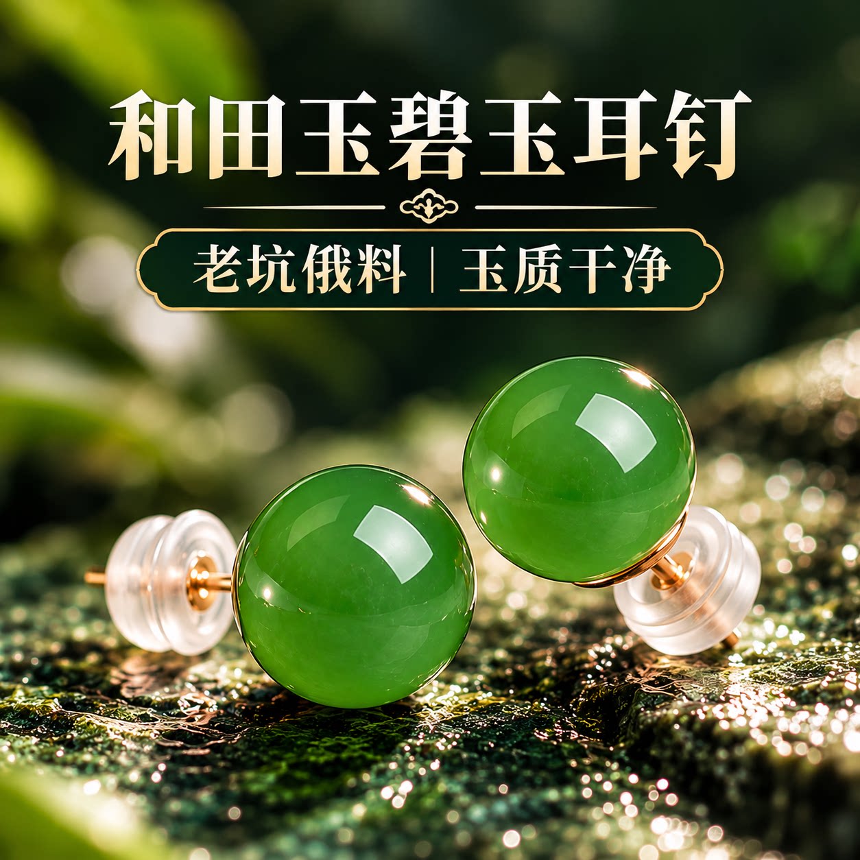 慕溪源18K金镶嵌和田玉耳钉碧玉女简约气质玉耳饰玉石耳坠正品