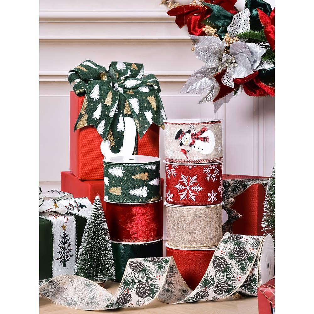 织带手工diy蝴蝶结2023圣诞节装饰丝带礼品包装铁丝边拷克带