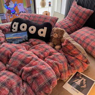 ins简约格子獭兔绒四件套秋冬加厚珊瑚绒双面绒被套兔毛绒三件套3