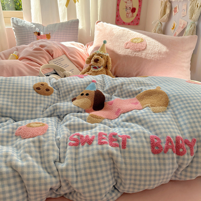 牛奶绒四件套ins卡通腊肠狗冬季