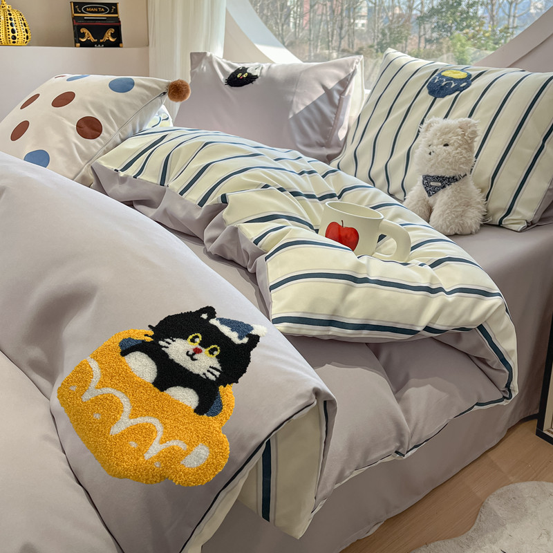 卡通毛巾绣水洗棉四件套儿童被套非全棉纯棉床单笠宿舍床上三件套