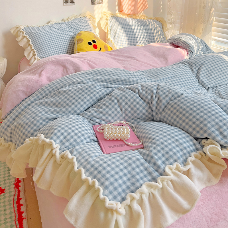 韩式ins少女风牛奶绒床上四件套冬季加绒床品珊瑚绒花边被套床单4