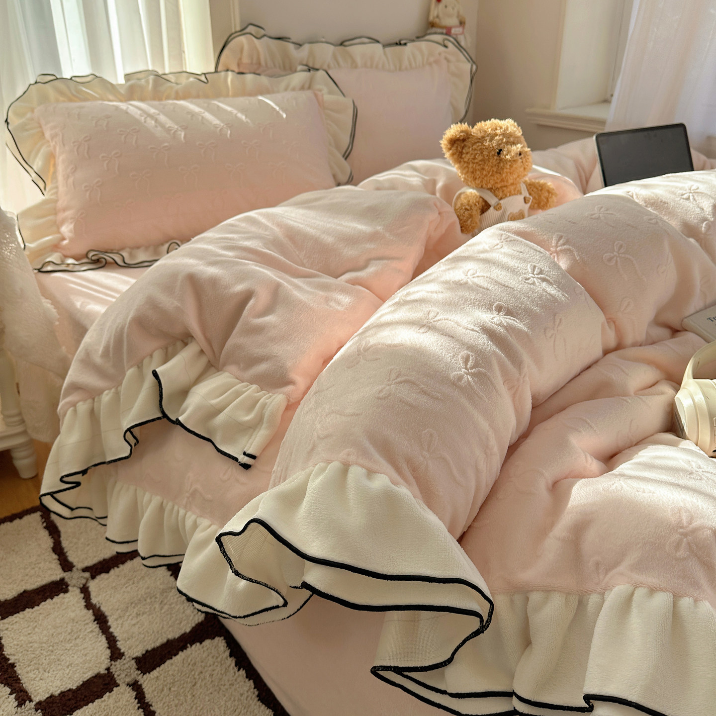 公主风花边牛奶绒四件套法式被套