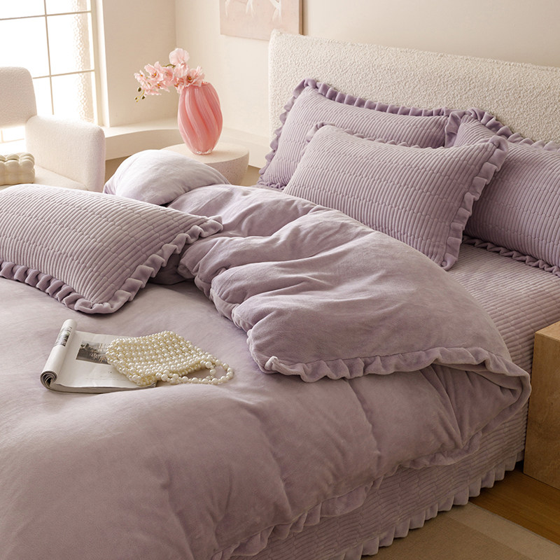 加厚牛奶绒床盖四件套法式公主风冬季珊瑚绒被套罩加绒床单三件套