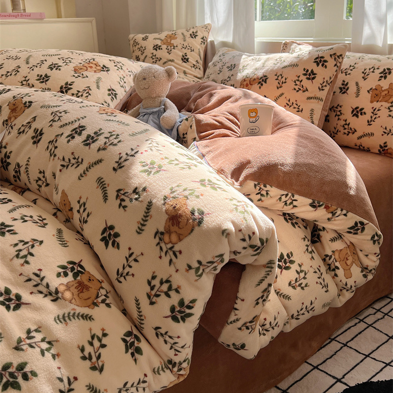 美拉德小熊牛奶绒床上四件套秋冬