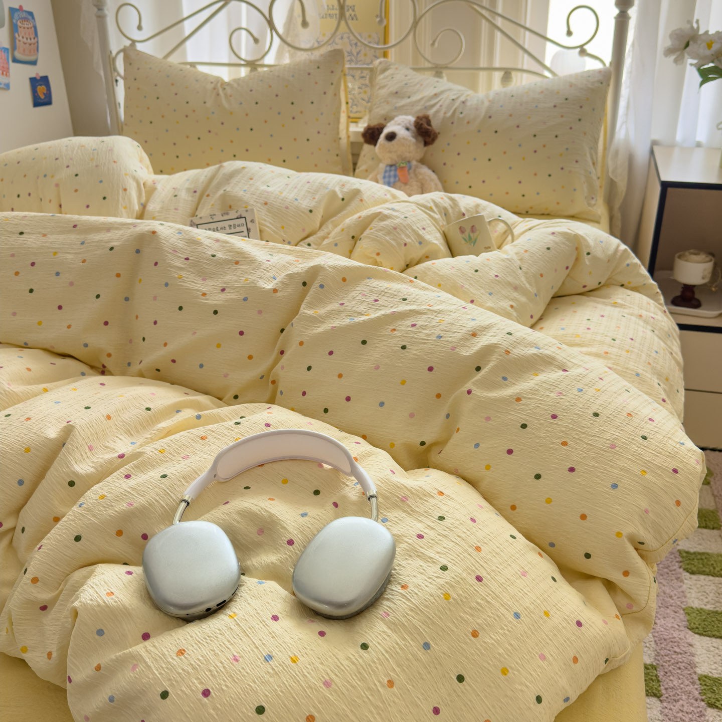 ins奶油波点皱皱纱四件套2026新款韩式被套宿舍床单三件套非纯棉4