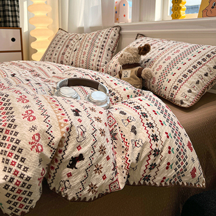 费尔岛风贝壳边泡芙棉四件套2026新款 被套宿舍床单三件套非全纯棉