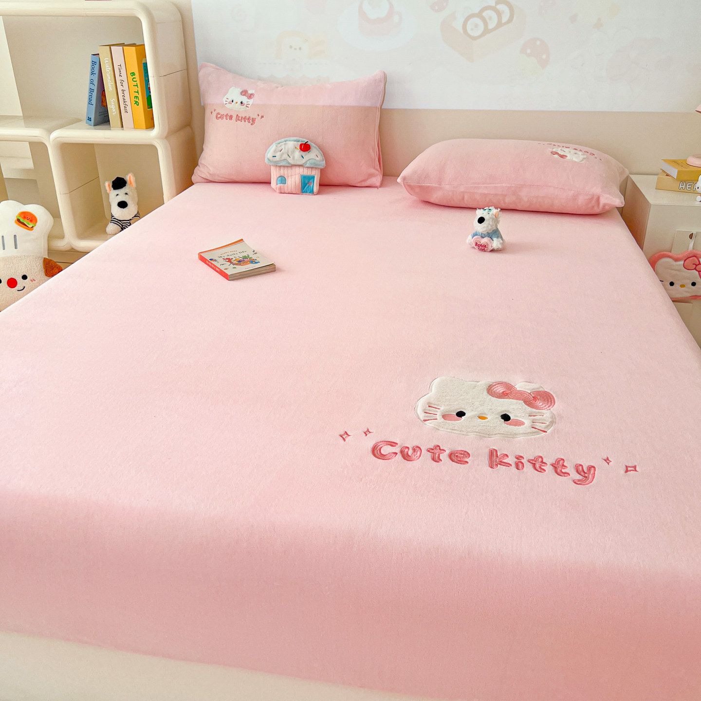 可爱kt猫贴布绣牛奶绒床笠单件冬天床垫保护罩珊瑚加绒床套三件套