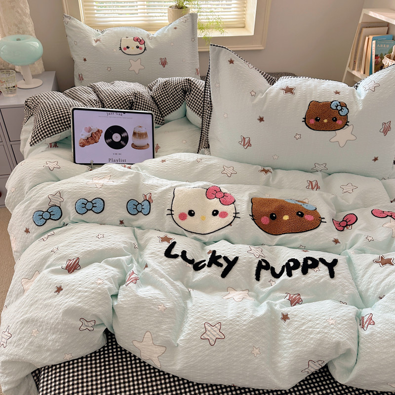 卡通kt黑皮猫韩系毛巾绣三四件套