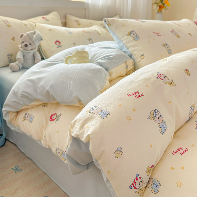 可爱星星人水洗棉四件套儿童卡通被套非全纯棉床单三件套宿舍床品