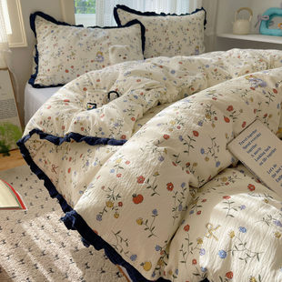 法式高端双层纱复古风皱皱纱四件套碎花被套床单三件套非全棉纯棉