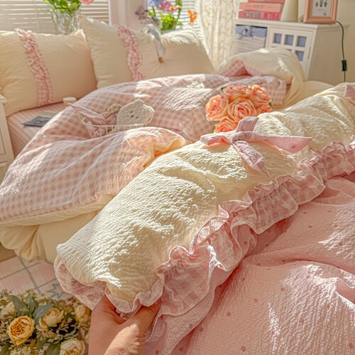 ins甜系蝴蝶结格子泡芙棉四件套