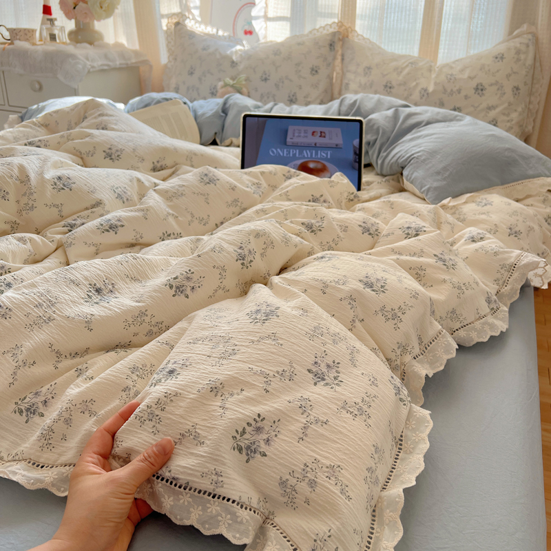 小清新蕾丝花边皱皱纱四件套非全纯棉被套床单学生宿舍床上三件套