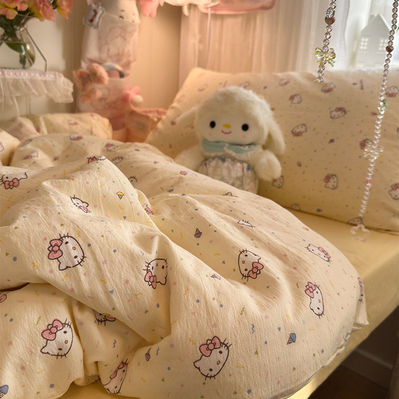 卡通ins可爱kitty双层纱四件套非全棉纯棉被套床单学生宿舍三件套