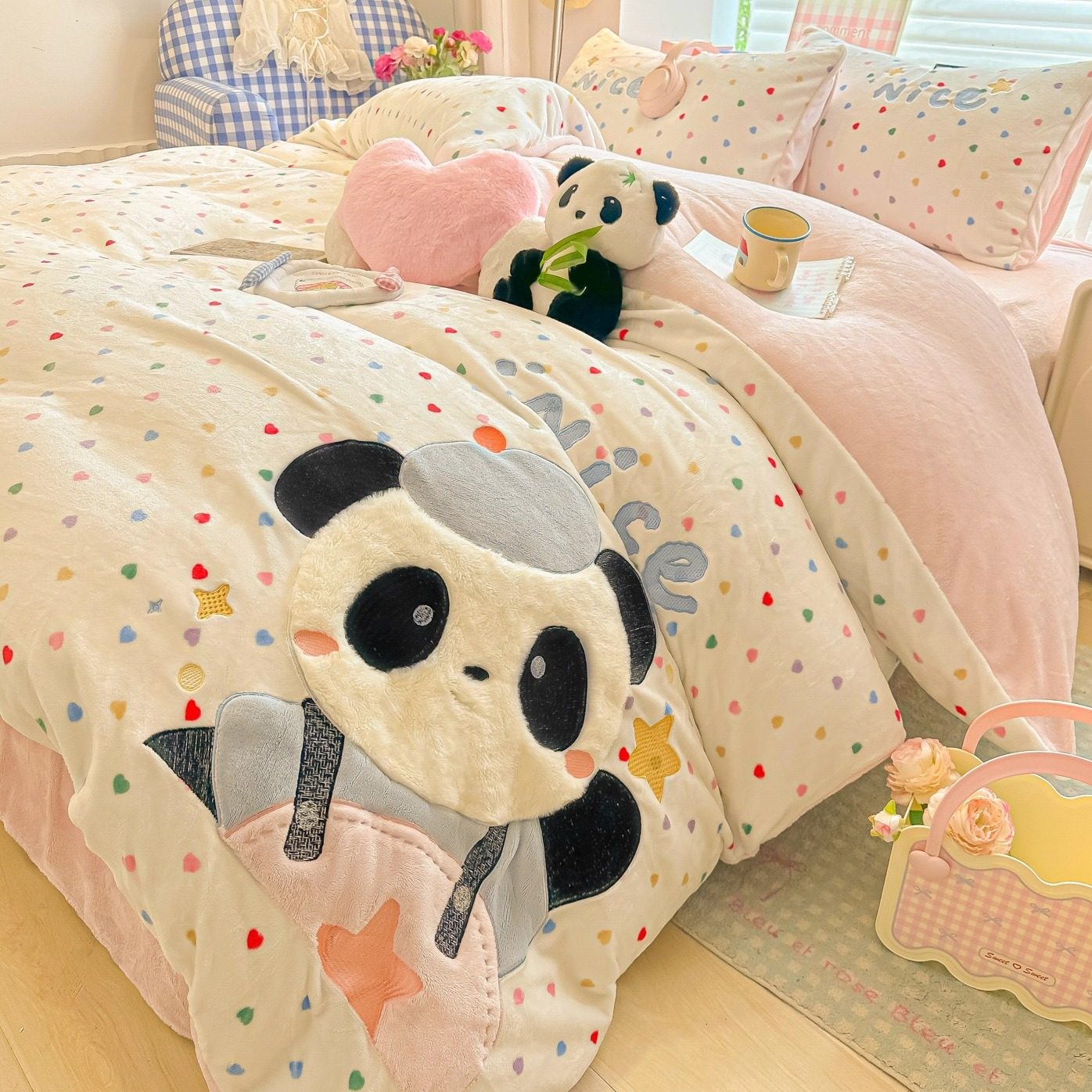 卡通贴布绣牛奶绒四件套冬季儿童可爱加绒被套罩床单床笠款三件套