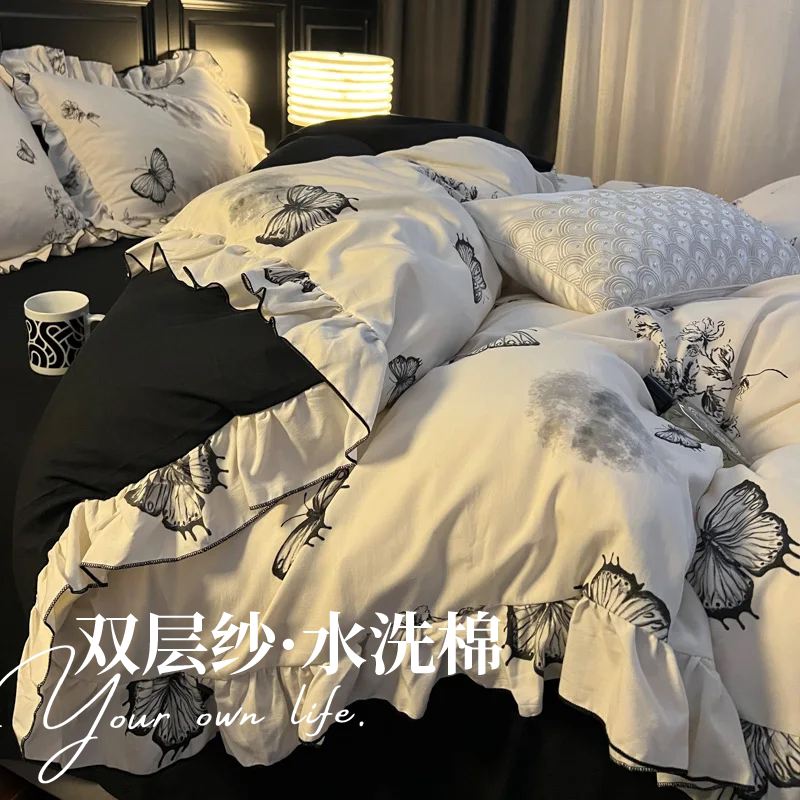 复古水墨风双层纱四件套女学生宿舍床单浪漫花边被套非全棉床上三