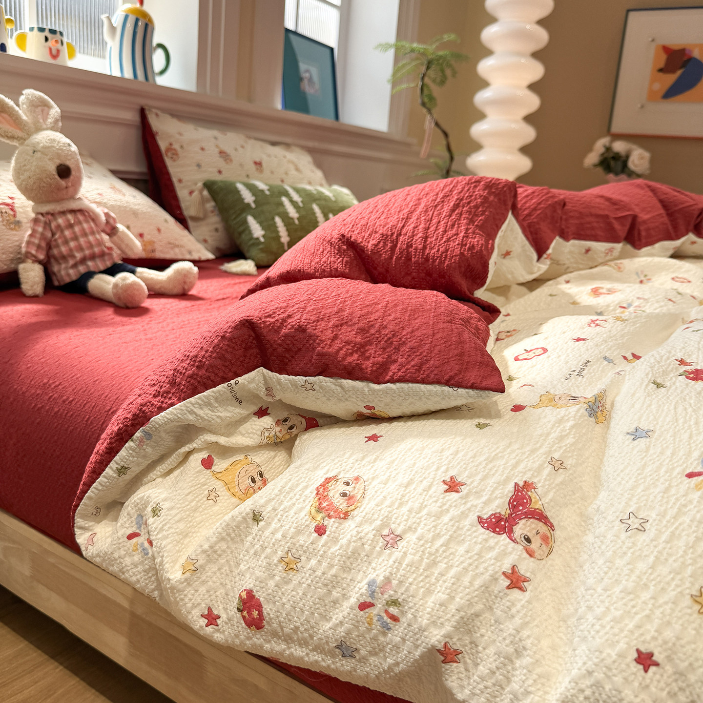 可爱星星人泡芙棉四件套非全棉纯棉被套罩床单学生宿舍床上三件套