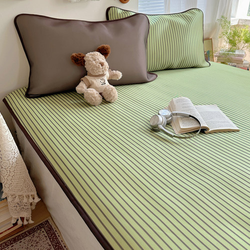 夏季薄荷绿条纹冰丝席凉席三件套2025新款学生宿舍空调凉席子夏凉