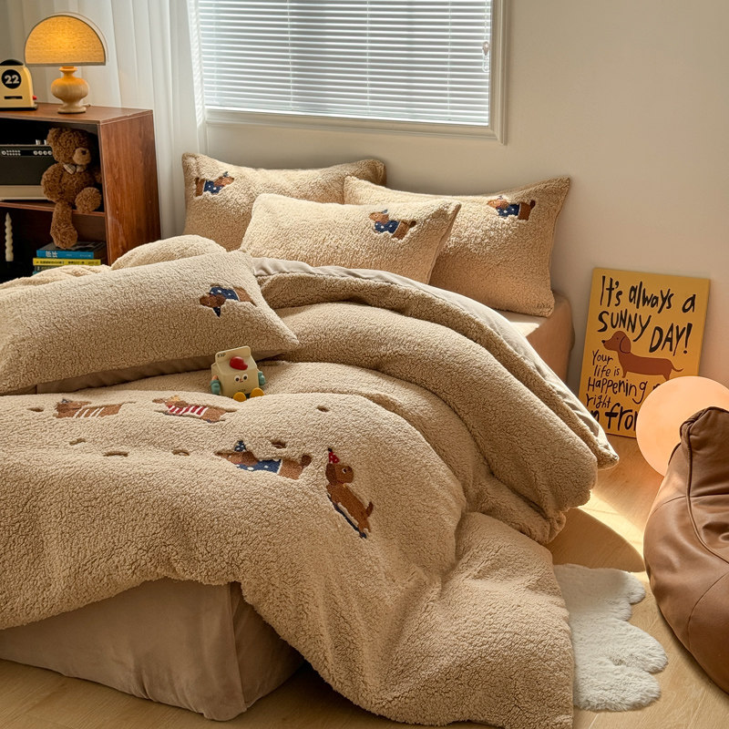 保暖卡通刺绣羊羔绒四件套加厚牛奶珊瑚绒加绒被套床单冬季三件套