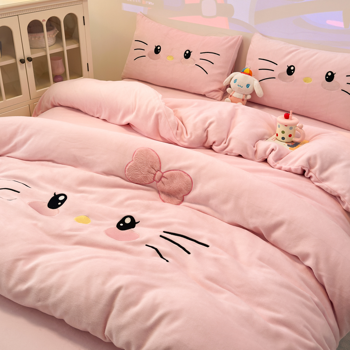 少女kt猫牛奶绒四件套冬季双面绒