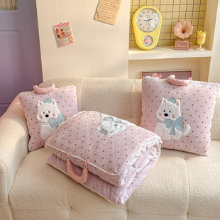 可爱小狗牛奶绒毛毯抱枕被子两用二合一车载靠枕头办公室午睡毯子