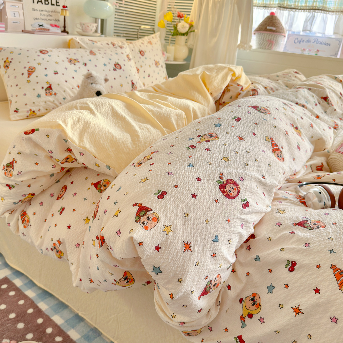 苹果星星人泡芙纱床上四件套2026新款卡通可爱被套非全纯棉床单三