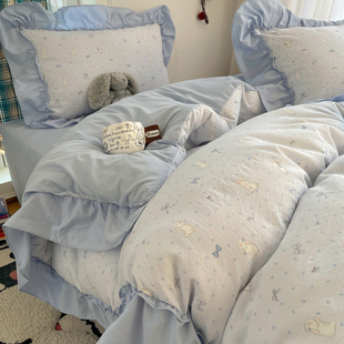 韩式 少女心花边被套非全纯棉床单三件套 水洗棉床上四件套2026新款