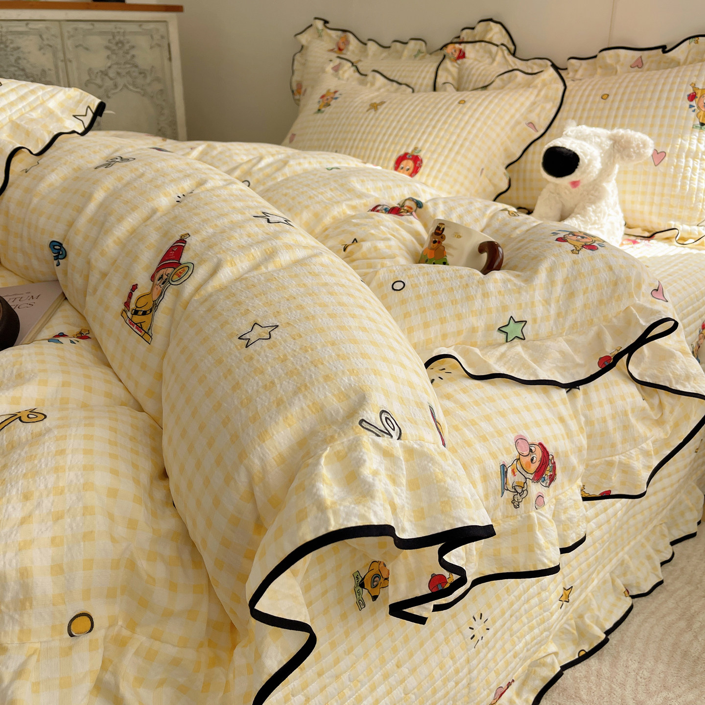 卡通双层纱花边床盖款四件套可爱星星人被套非全棉纯棉床单三件套