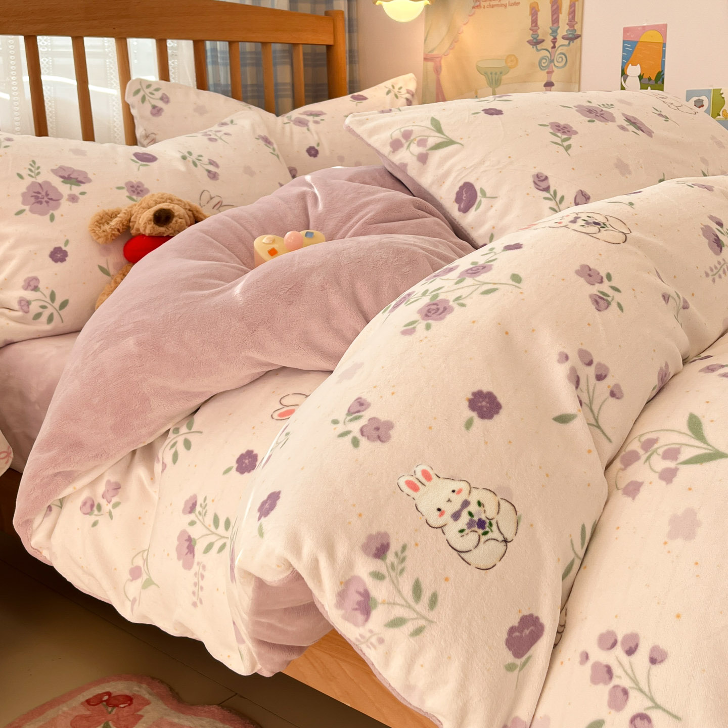 小清新牛奶绒四件套冬季珊瑚法兰绒被套加绒床单人宿舍三件套床笠