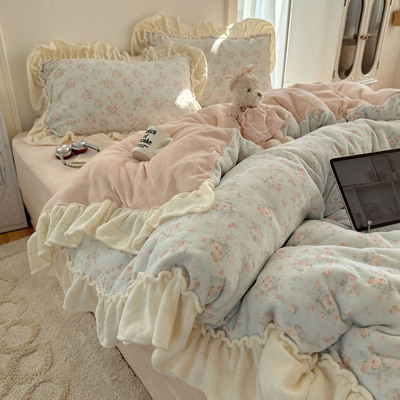 法式奶油风碎花四件套牛奶绒花边