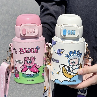 密码锁保温杯学生上学专用食品级316不锈钢水杯儿童指纹吸管杯子