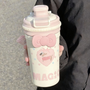 奶fufu保温杯女款高颜值可爱双饮水杯吸管不锈钢便携泡茶咖啡杯