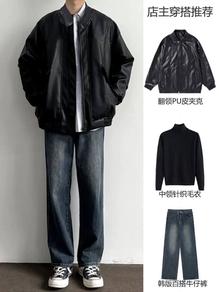 Kişi üçün qısa dəri moto jaket, boş kəsim