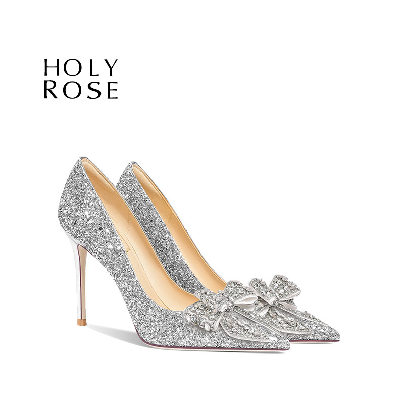 圣洁玫瑰HolyRose银色水钻婚鞋女尖头高跟鞋新娘鞋蝴蝶结水晶鞋