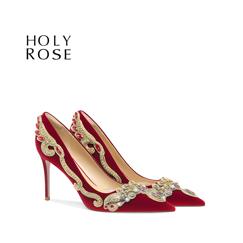 HolyRose红色尖头细跟秀禾婚鞋