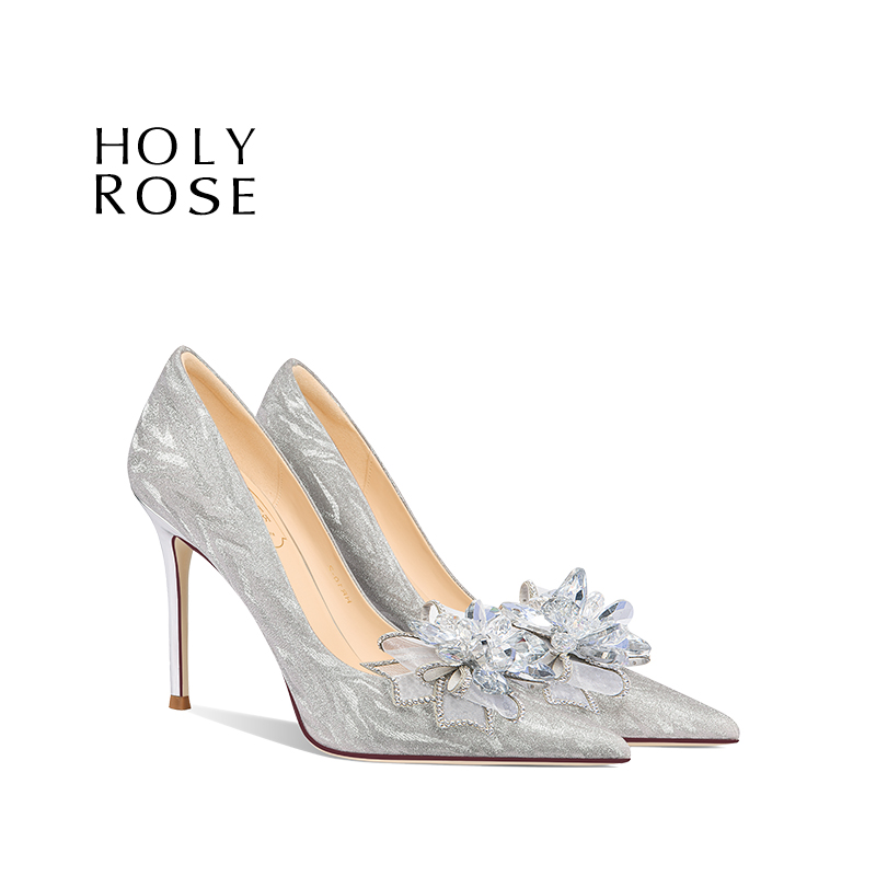 圣洁玫瑰银色水晶尖头细跟婚鞋
