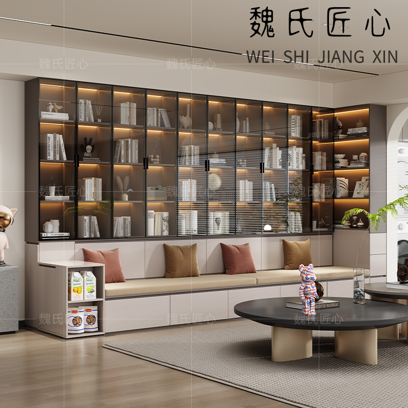 简约现代一体带玻璃门书柜收纳柜
