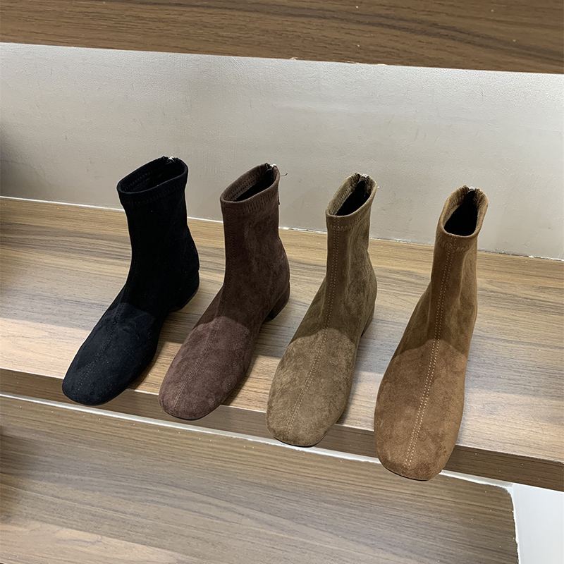 粗跟绒面方头瘦瘦靴女法式小踝靴